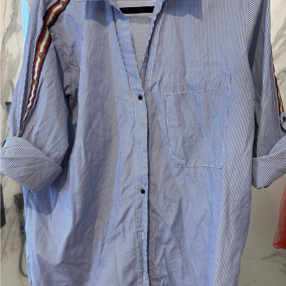 Zara Women’s Blue Pinstripe Button-Up Shirt with Trim Detail